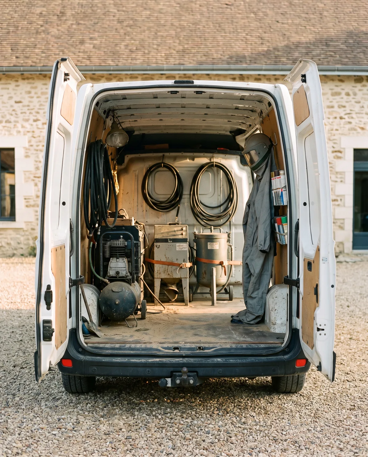 Camion atelier Aero-Staff ouvert, matériel de sablage et d'aérogommage